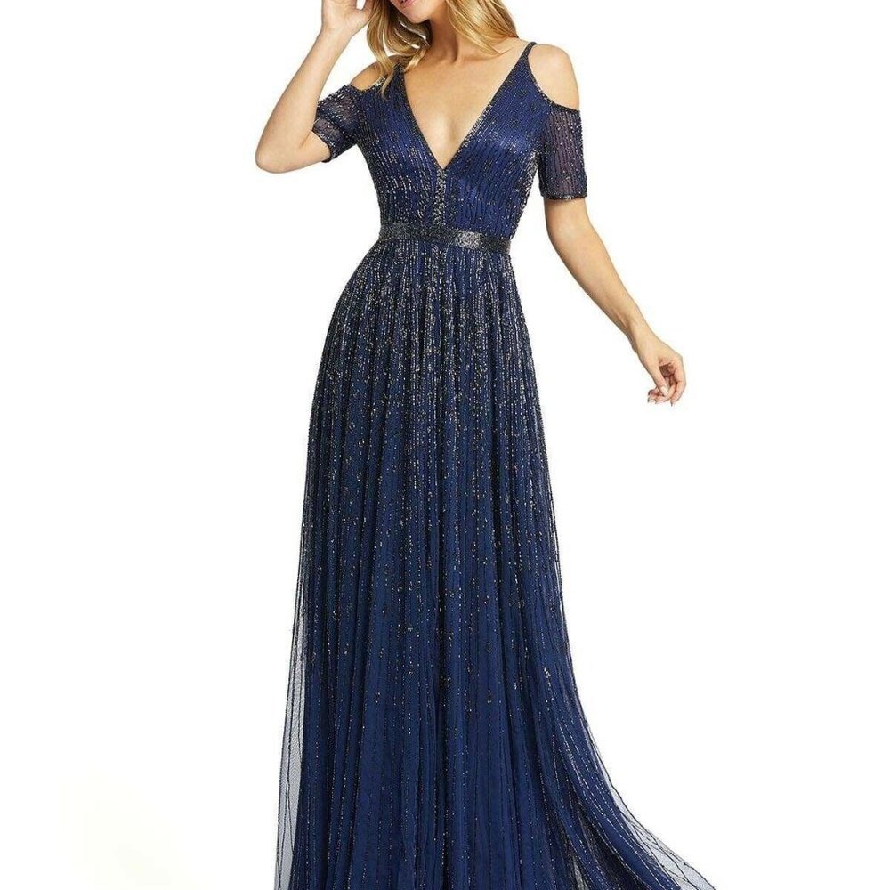MAC DUGGAL SIZE 10 COLD SHOULDER SEQUIN DRESS, BLUE
